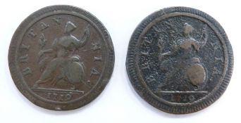 George I 1719 halfpennies, one F+-VF, the other poor fine