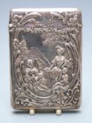 Victorian hallmarked silver card case decorated with embossed scene of three people with landscape
