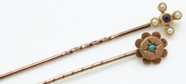 A 15ct gold stick pin set with an amethyst and seed pearls and a 9ct gold stick pin set with
