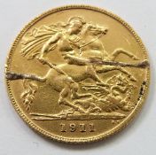 George V 1911 gold half sovereign, ex mount