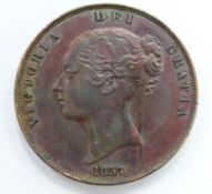 Queen Victoria 1857 copper penny, PT, close colon EF+, some lustre