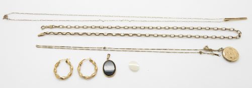 A pair of 9ct gold earrings, 9ct gold belcher chain, 9ct gold pendant set with diamond on chain, 9ct