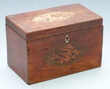 Georgian mahogany two division tea caddy with shell inlay to top and front, width 19cm