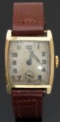 Vertex 9ct gold gentleman's cushion shaped Art Deco wristwatch with subsidiary seconds dial,