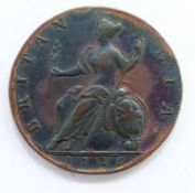 George II 1729 halfpenny young cuirassed bust, die no 1, toning and lustre, F+ - VF