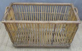 Wicker and elm basket with slatted base and twin handles, L93 x D57 x H51cm