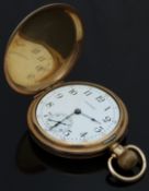Waltham gold plated keyless winding full hunter pocket watch with black Arabic numerals, inset