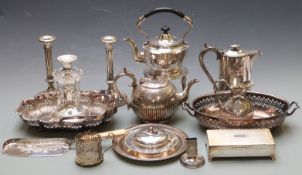 A quantity of silver plate to include 19th century spirit kettle on stand, candlesticks including