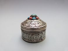 White metal trinket pot with turquoise cabochon to top, diameter 4cm