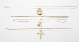 A 9ct gold cross,  9ct gold Edwardian pendant set with a peridot, four 9ct gold chains (8.4g) and