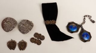 A pair of cut steel buckles, an enamel buckle and filigree fittings