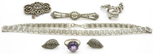 A silver necklace by JAM, silver Art Deco brooch set with paste, brooch set with garnets, silver