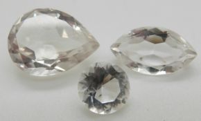 A round cut loose quartz (3.5ct), a pear cut quartz (11.5ct) and a marquise cut quartz (7ct)