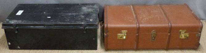 An ash bound trunk/ case and a black metal strongbox, largest H30 x W49 x D90cm