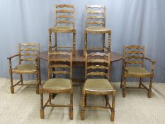 Oak dining table, W153 x D97 x H75 and six (4+2) chairs