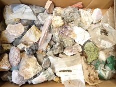 A collection of mineral samples including sphalerite, quartz, peridot etc