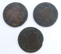 William III 1700 halfpenny, GF - near VF, toned with some lustre, together with two further