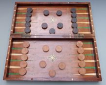 Early 19thC English mahogany or similar fold out games box or compendium with external chess board