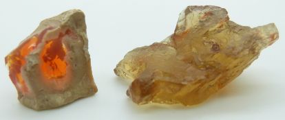 A sample of fire opal boulder (2.2g) and a chrysoberyl crystal (6.4g)