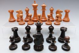 Jacques or similar turned and carved boxwood and ebony chess set, missing black knight and king