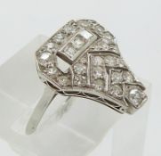 Art Deco platinum ring set with round cut and princess cut diamonds (size N)