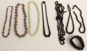 Three jet necklaces, jet bracelet, glass necklace, agate necklace etc