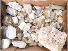 A collection of mineral samples including quartz, agate, desert rose etc