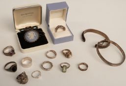 Two silver bangles, a quantity of silver rings, Wedgwood ring and brooch