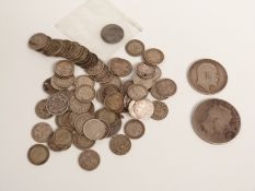 George III Crown poor fine, together with a further quantity of largely pre-1920 silver, threepences