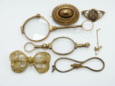 Two pairs of gold plated lorngettes, Victorian pinchbeck brooch, filigree brooch, snake buckle and a