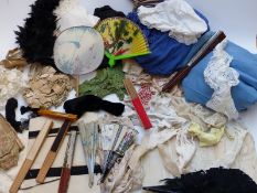 Collection of fans, lengths of lace on card, petticoats, nightdresses, embroidered silk bed