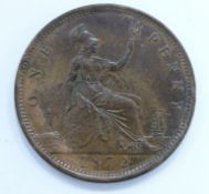 Queen Victoria 1872 bun head penny, unc, toned with some lustre
