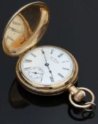 Waltham gold plated keyless winding full hunter pocket watch with inset subsidiary seconds dial,
