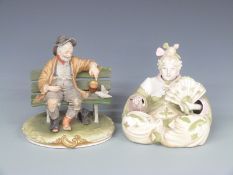 Art Deco nodding ceramic figure with waving hand and fan in the Oriental style, and a Capodimonte