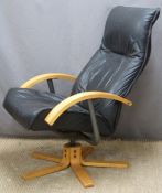 c1990s leather swivel chair with beech bentwood arms and metal frame, finished in black