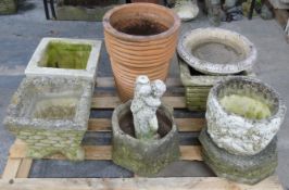 Quantity of garden planters including large terracotta pot, height 48cm, stepping stones etc
