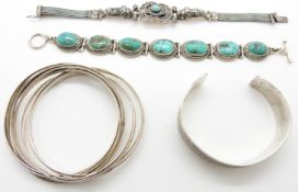 Silver bracelet made up of 8 interlinked bangles, silver bracelet set with turquoise, silver