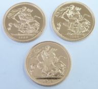 Cased set of three proof gold full sovereigns, representing three portrait versions of HM Queen