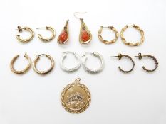 A 14k gold pendant (1.8g), three pairs of 9ct gold hoop earrings, other 9ct gold earrings (11.3g)