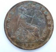 Queen Victoria 1885 bun head bronze penny, OT, some lustre, EF+