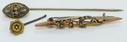A 9ct gold brooch, a section of stick pin set with a diamond and a micro mosaic stick pin in