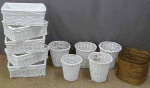 Five wicker baskets, five wicker waste paper bins and a further basket