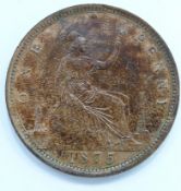 Queen Victoria 1875 bun head bronze penny, unc with lustre