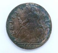 William III 1699 halfpenny, date error 16199, VF, some light pitting with lustre