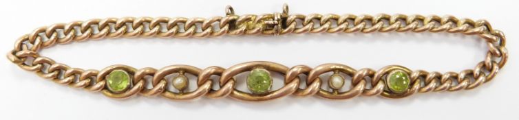 Edwardian 9ct gold bracelet set with seed pearls and peridot, 4.8g