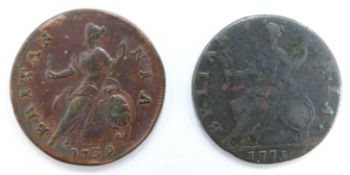George II 1739 halfpenny, young curaissed bust, toned, weak strike to Britannia's face, toned VF,