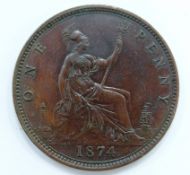 Queen Victoria 1874 bun head bronze penny, OT signature to bust, EF+, near unc, toned