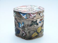 White metal or similar and enamel trinket pot with butterfly decoration, height 6cm, weight 93g