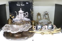 A quantity of silver plated ware to include boxed tea set on tray, further tray, swing handled lobed