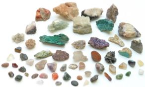 A collection of mineral samples including foschite, blue john, quartz, black quartz, amethyst etc